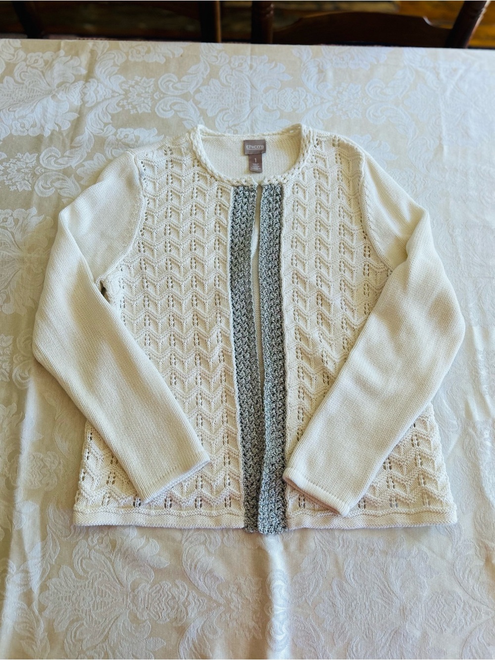 Chico's Metallic Trim Chevron Open Front Cardigan Sweater Cream White Sz 1 M EUC